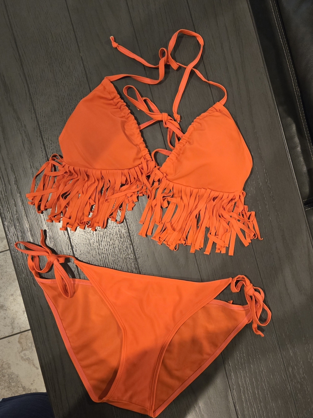 Fringe Tie-Front Bikini Set - Coral Orange